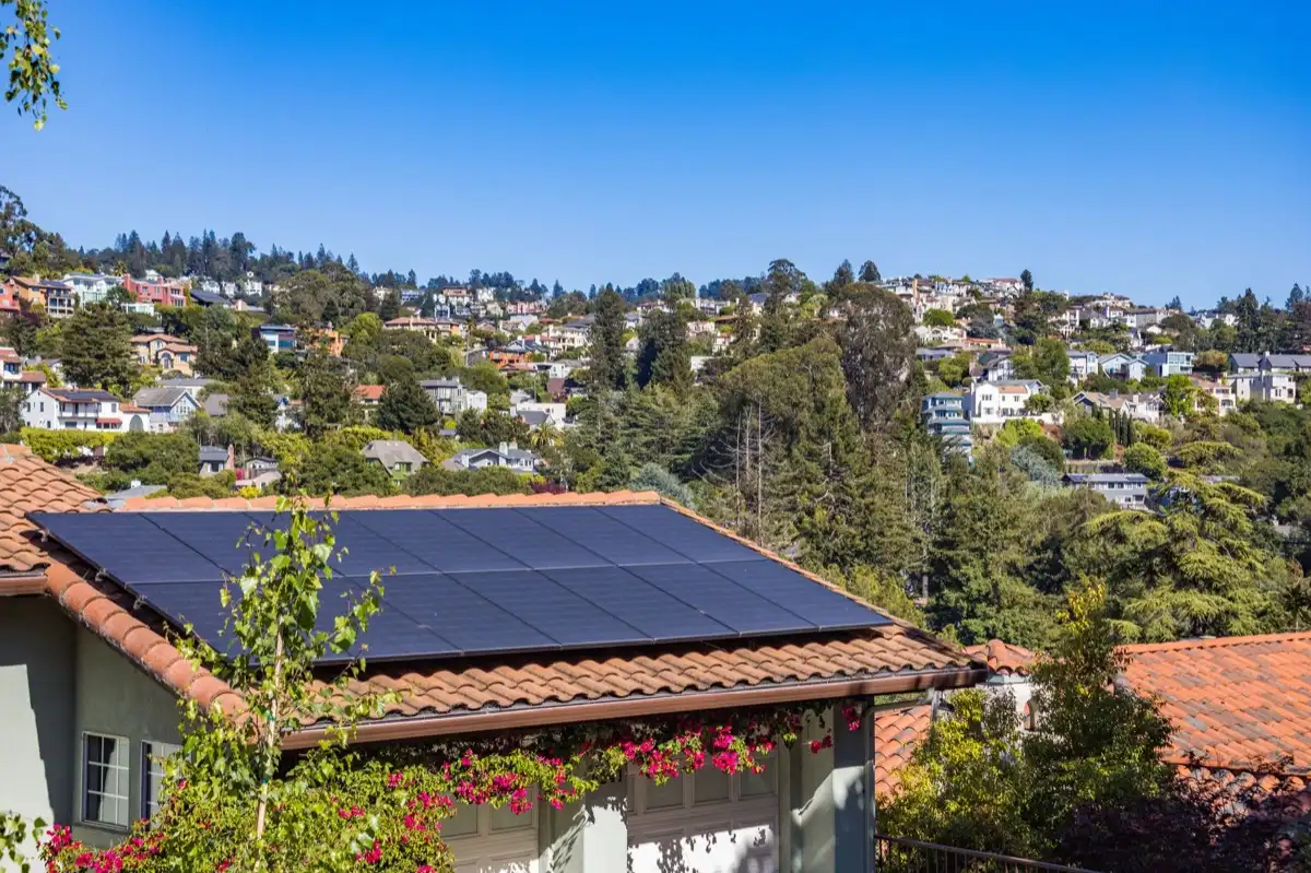 Neighborhood of roofs in Torrance, CA after a storm, where every household is running the same claim process
